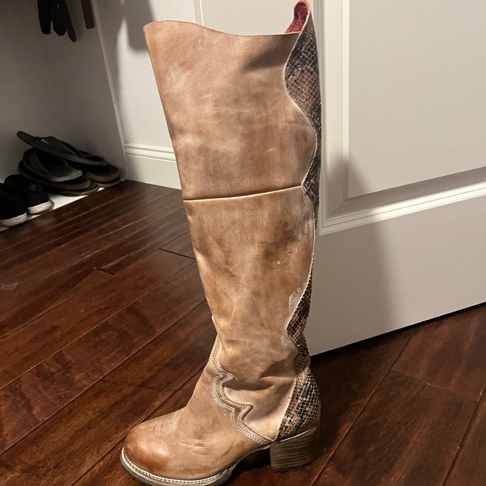 Freebird tan and snakeskin tall leather boot